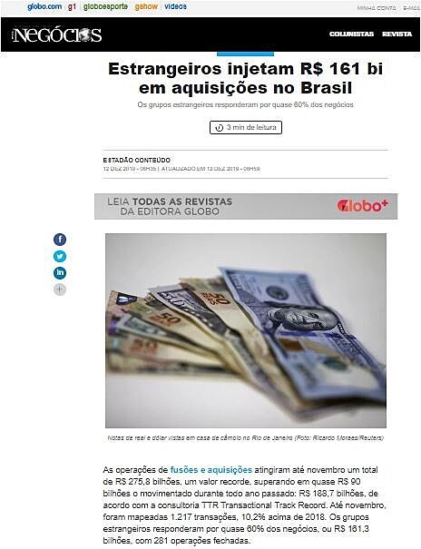 Estrangeiros injetam R$ 161 bi em aquisies no Brasil